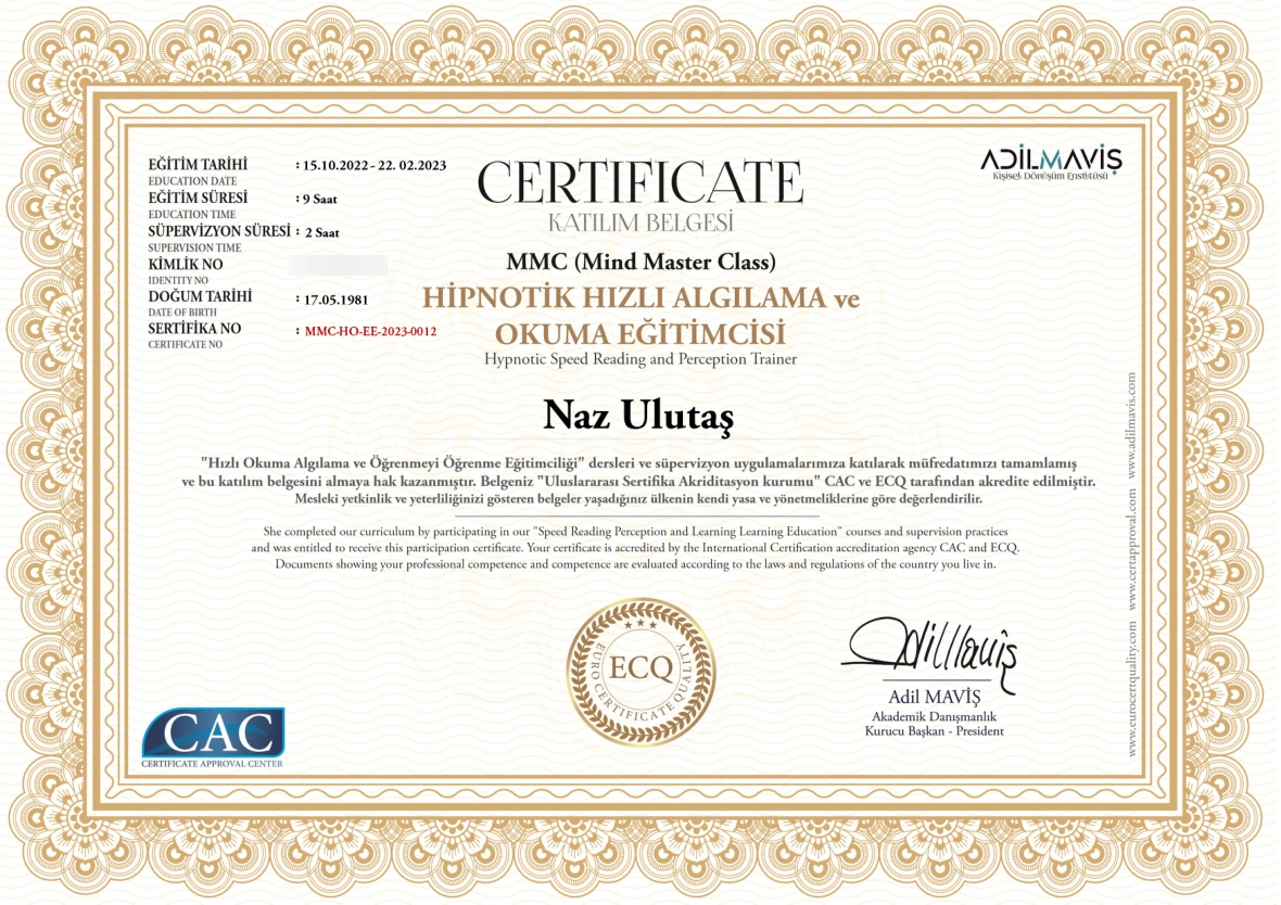 Hipnotik hızlı algılama ve okuma sertifikası