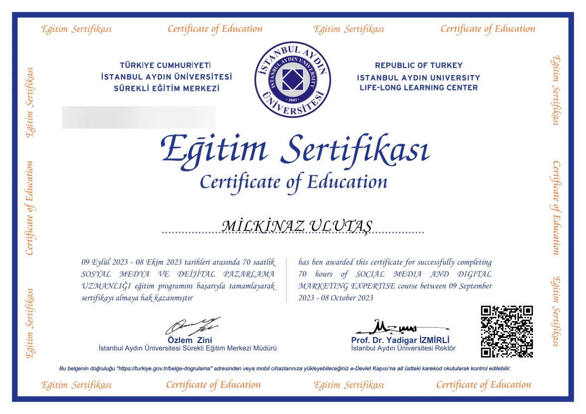 Sosyal medya ve dijital pazarlama eğitim sertifikası