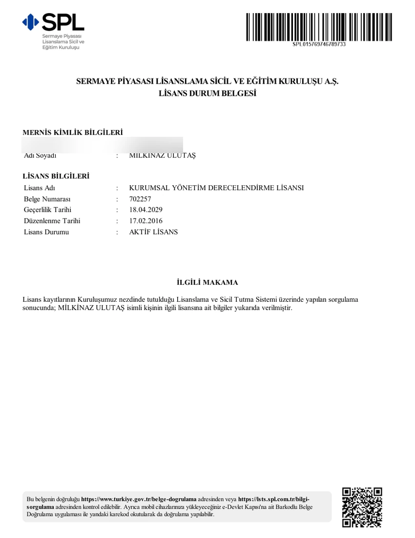 SPK Kurumsal Yönetim Derecelendirme lisans belgesi